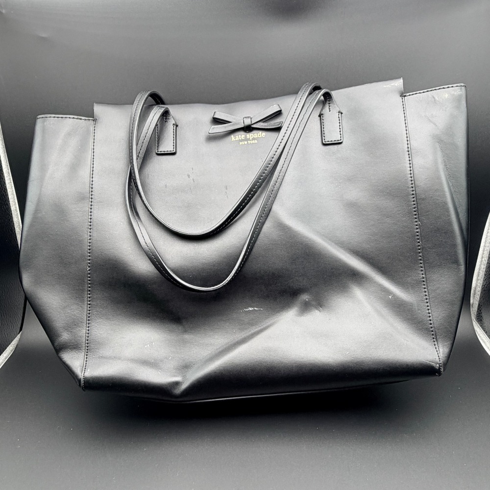 Kate Spade New York Tote Bag Womens Black Cow Leather Bow Detail Double Handles